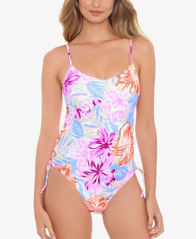 Juniors' Hot Hibiscus Lace-Up-Side One-Piece Swimsuit Swim Skirt Set
