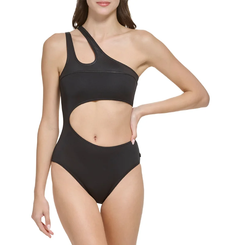Women's Solid One-Shoulder Cutout One-Piece Swimsuit Soft Beachwear Set