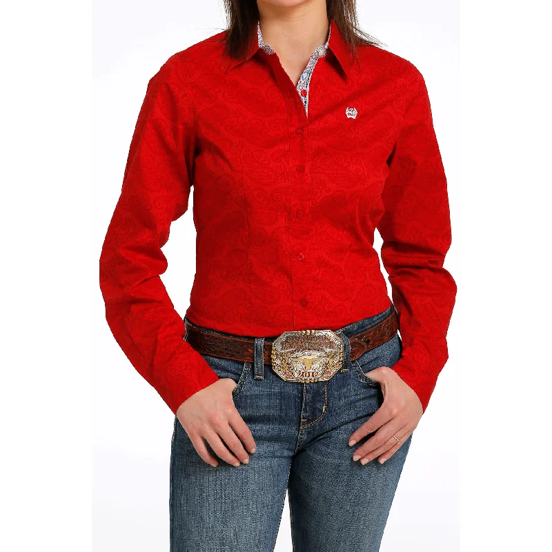 Cinch Ladies Red Paisley Print Button Down Shirt MSW9165035-- Print Jacquard Patchwork