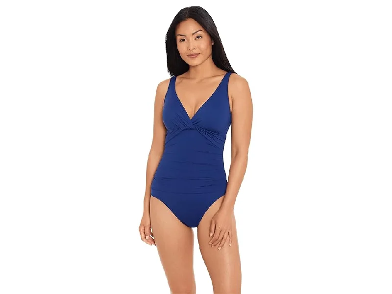 Womens Stretch Tummy Control Shirred Lined Deep V Neck Twist Front Beach Club Underwire One Piece Swimsuit Solid Color Swimsuit