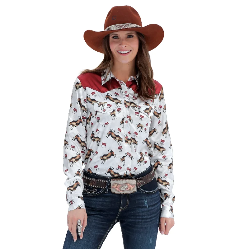Cinch Ladies White Wild Bull Printed Button Down Shirt CTW7472001-- Houndstooth Herringbone Solid