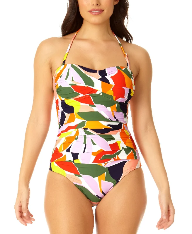 Women's Twist-Front Ruched-Waist Swimsuit Mesh Panel Swimwear