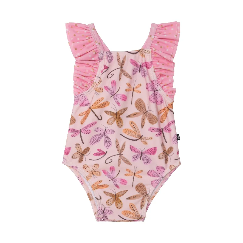 Printed One Piece Swimsuit Pink Dragonflies by Deux par Deux Stylish Swimsuit Set