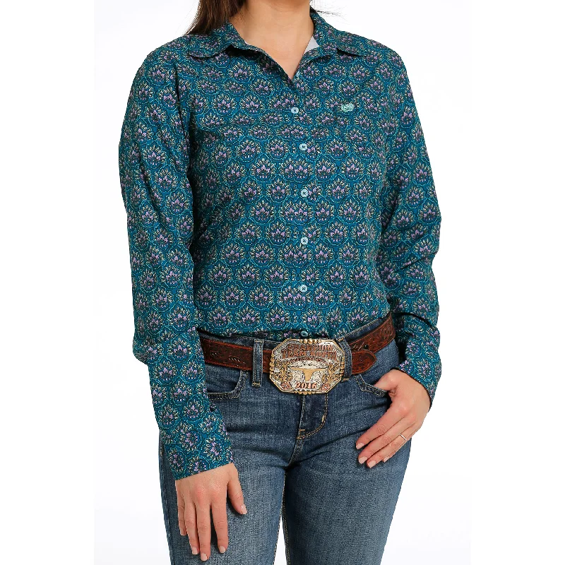 Cinch Ladies Areanflex Teal Button Down Shirt MSW9163017-- Satin Fabric Silk Fabric Chiffon Fabric