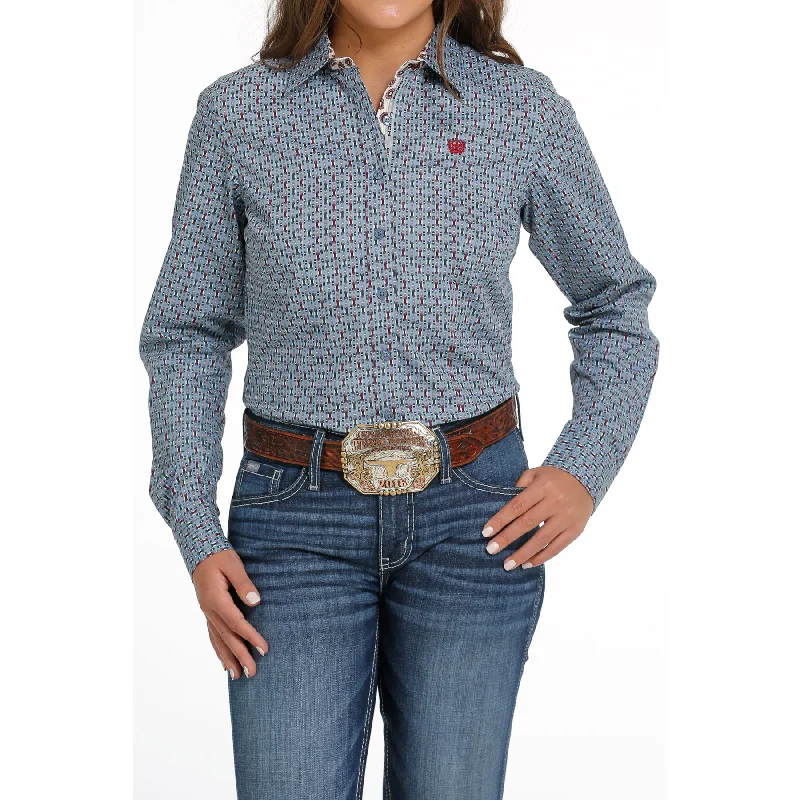 Cinch Ladies Light Blue Western Print Button Down Shirt MSW9165037-- Cozy Warm Stylish