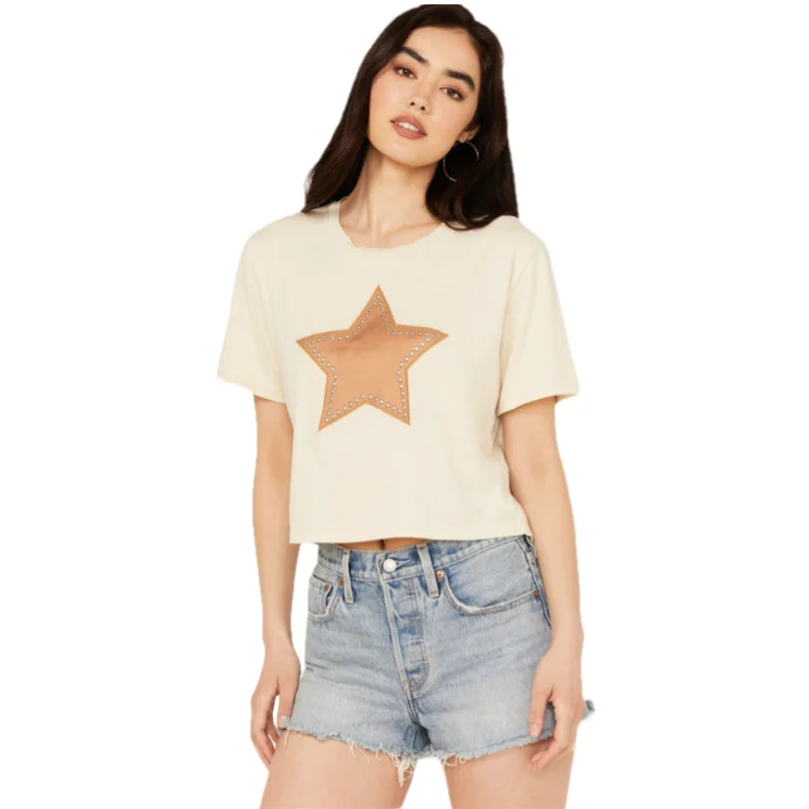 Rock & Roll Denim Ladies Star Applique Beige T-Shirt BW21T03918-29-- Spandex Blend Rayon Blend Denim Blend Rock & Roll Denim Ladies Star Applique Beige T-Shirt BW21T03918-29-- Spandex Blend Rayon Blend Denim Blend