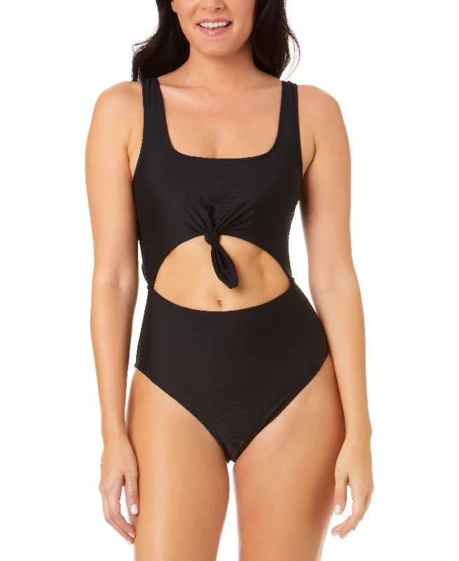 Juniors' Pink Sizzle Ribbed Knot-Front One-Piece Swimsuit Stylish Cover-Up Set