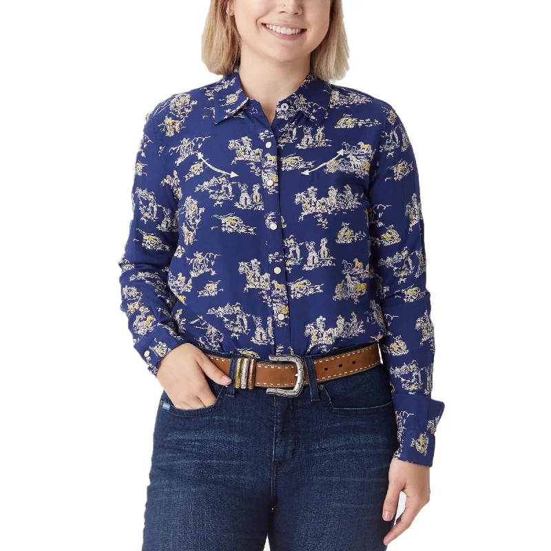 Cruel Denim® Ladies Navy Blue Western Print Snap Down Shirt CTW7295004-- Casual Formal Business