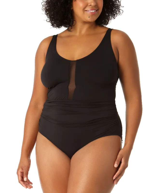 Plus Size Mesh-Inset Plunge One-Piece Swimsuit Beach Ready Swimsuit