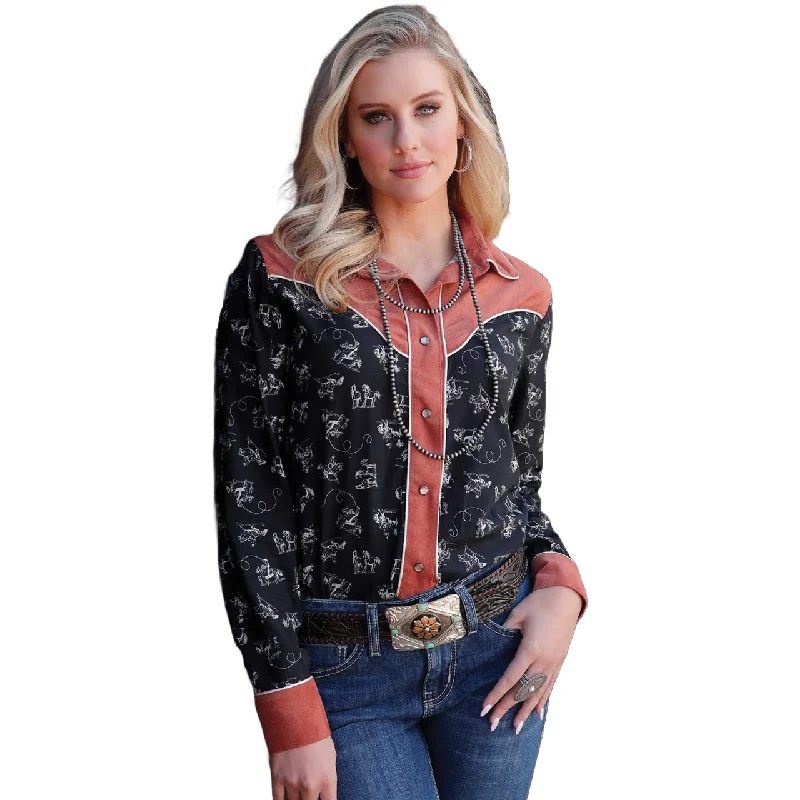 Cruel Denim Ladies Rodeo Printed Rust and Black Button Down Shirt CTW7483001-- Ribbed T-Shirt High Neck Heavyweight