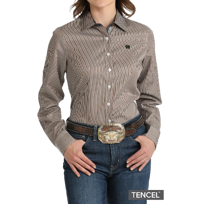 Cinch Ladies Brown & Navy Stripe Western Button Down Shirt MSW9165058-- Wool Fabric Cashmere Fabric Tweed Fabric