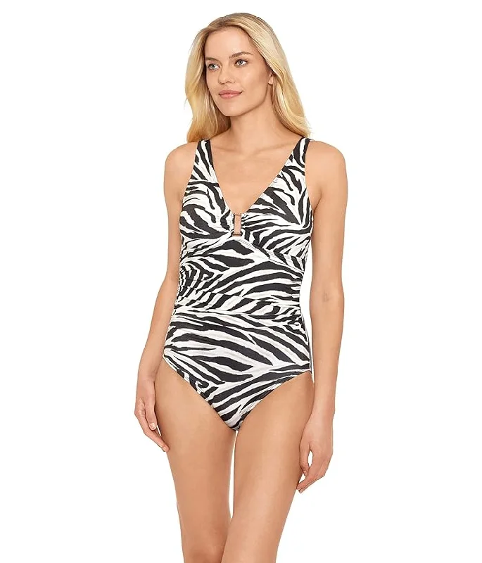 Underwire Tummy-Control Ring-Front One-Piece Swimsuit Tie-Back Swimwear