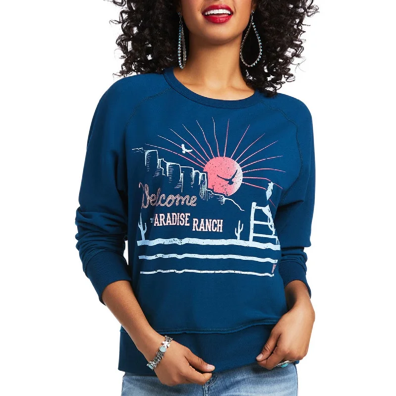 Ariat® Ladies Paradise Ranch Crew Blue Nights Sweat Shirt 10039817-- Collared T-Shirt Boat Neck A-Line Ariat® Ladies Paradise Ranch Crew Blue Nights Sweat Shirt 10039817-- Collared T-Shirt Boat Neck A-Line