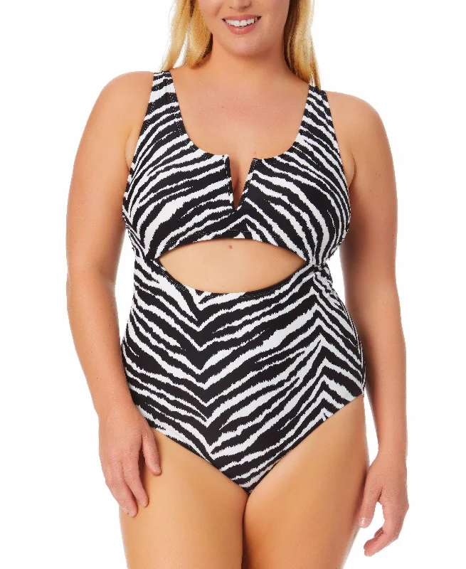 Trendy Plus Size Zebra Cutout One-Piece Swimsuit Elegant Swim Dress