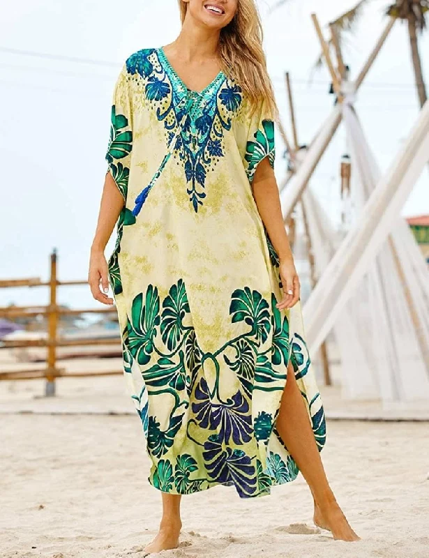 Print Short Sleeve Kaftan Yellow Swimsuit Cover Up Dress Comfortable Swim Dress