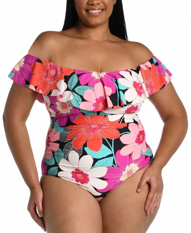 Off-The-Shoulder Ruffled One-Piece Swimsuit Comfortable Swim Shorts