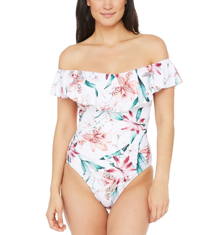 Flyaway Orchid Printed Ruffle Off-the-Shoulder One-Piece Swimsuit Minimalist One-Piece