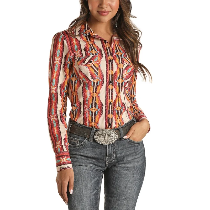 Rock & Roll Cowgirl Ladies Aztec Print Button Down Shirt B4S2030-- Elegant Classic Vintage