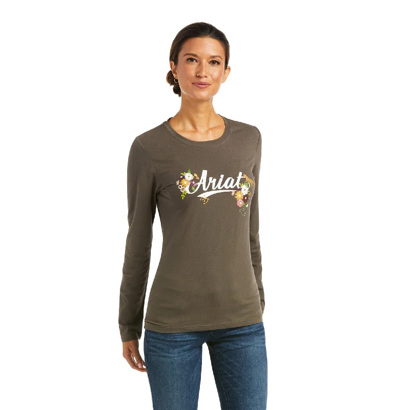 Ariat® Ladies Flora Fauna Logo Long Sleeve T-Shirt 10037058-- Iron Safe Non-Iron Wrinkle Free