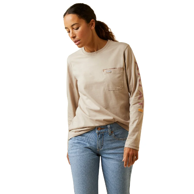 Ariat Ladies Rebar Workman Graphic Logo Tan T-Shirt 10046781-- Graphic T-Shirt Round Neck Polyester