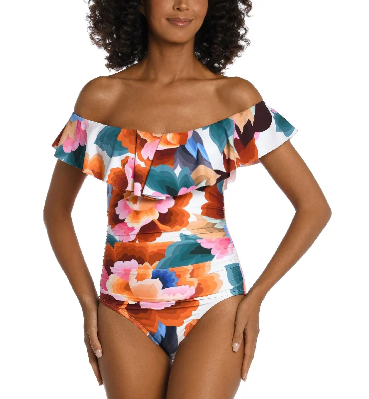 Women's Floral Rhythm Off-The-Shoulder Ruffle-Trim One-Piece Swimsuit Sleek Full Coverage