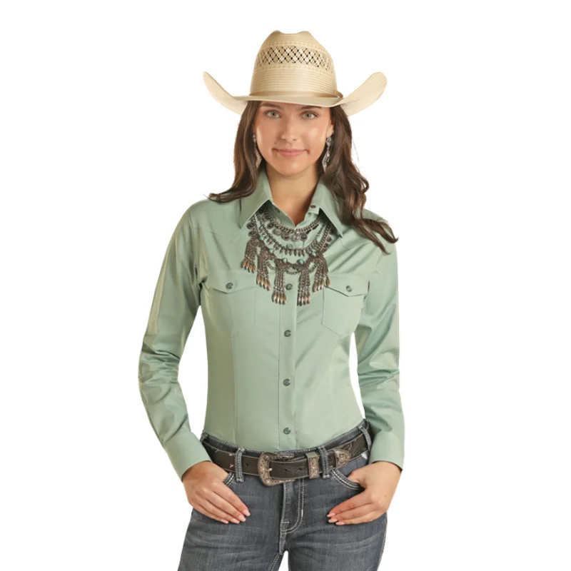 Panhandle Ladies Solid Poplin Aqua Snap Shirt PWN2S03154-38-- V-Neck T-Shirt Long Sleeve Cotton Panhandle Ladies Solid Poplin Aqua Snap Shirt PWN2S03154-38-- V-Neck T-Shirt Long Sleeve Cotton