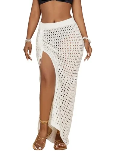 Crochet Drawstring White Swimsuit Wrap Cover Up Color-Block Bikini