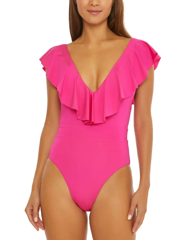 Women's Monaco Ruffled Plunge One-Piece Swimsuit Playful Pattern Swimsuit