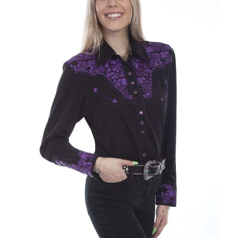 Scully Ladies Purple Floral Embroidery Western Snap Shirt PL-654-PUR-- Modern Contemporary Chic