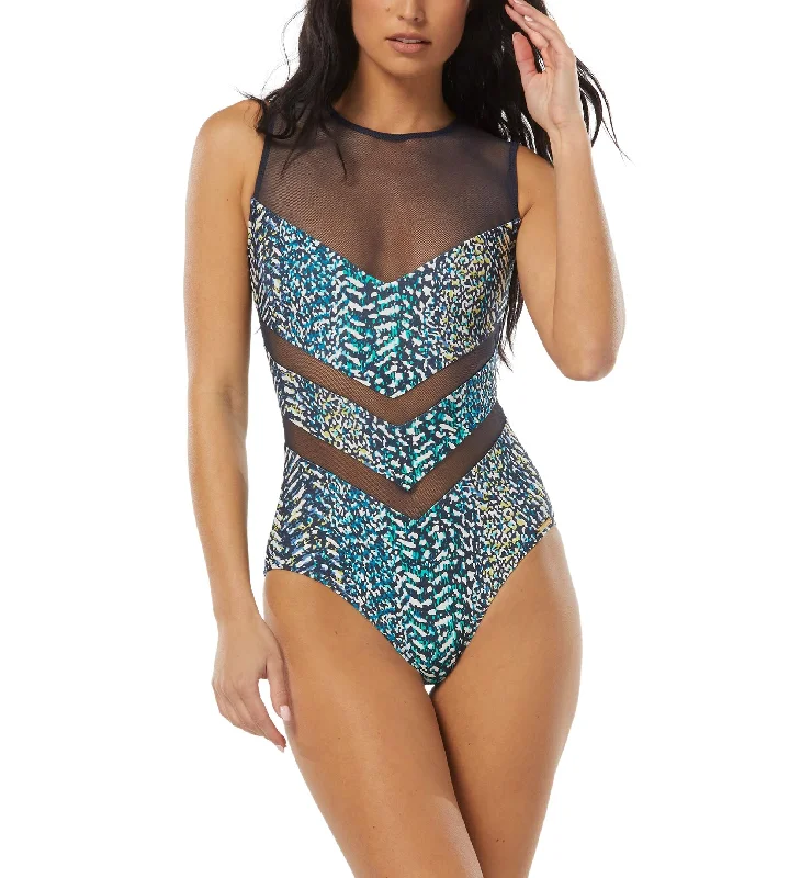 Women's High-Neck Zip-Back One-Piece Swimsuit Bold Color Swimsuit