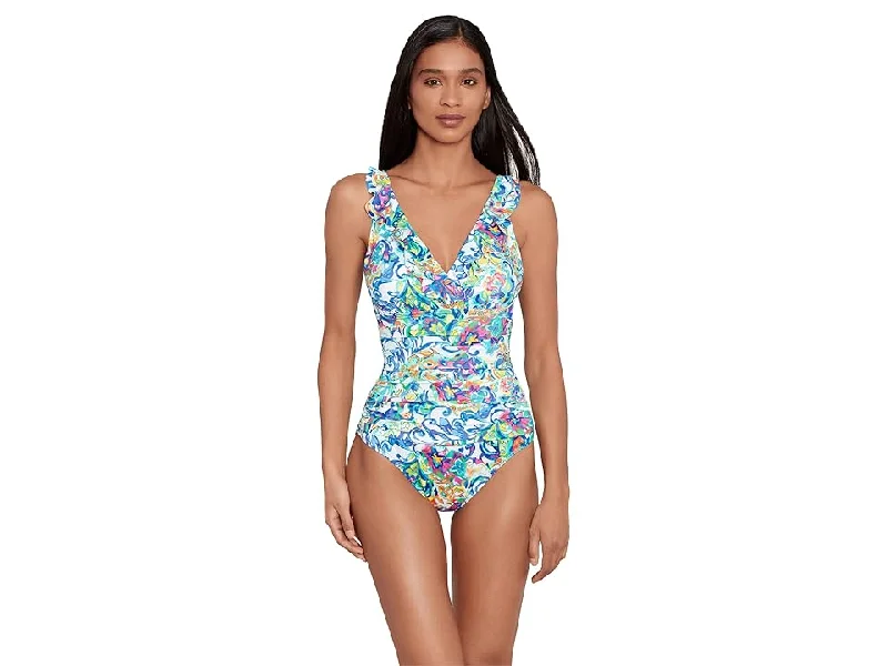 Women's Printed Ruffle Surplice Underwire One-Piece Swimsuit Vibrant Bikini Bottoms