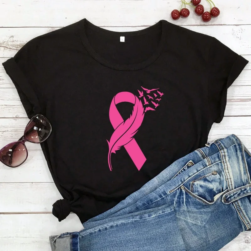 Womens Pink Ribbon Feather & Birds Flying BCA T-Shirt-- Polka Dot Checkered Tartan