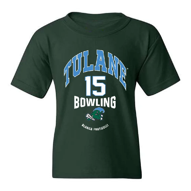 Tulane - NCAA Women's Bowling : Blanca Fraticelli - Classic Fashion Shersey Youth T-Shirt-- Beaded Sequined Faux Fur Tulane - NCAA Women's Bowling : Blanca Fraticelli - Classic Fashion Shersey Youth T-Shirt-- Beaded Sequined Faux Fur