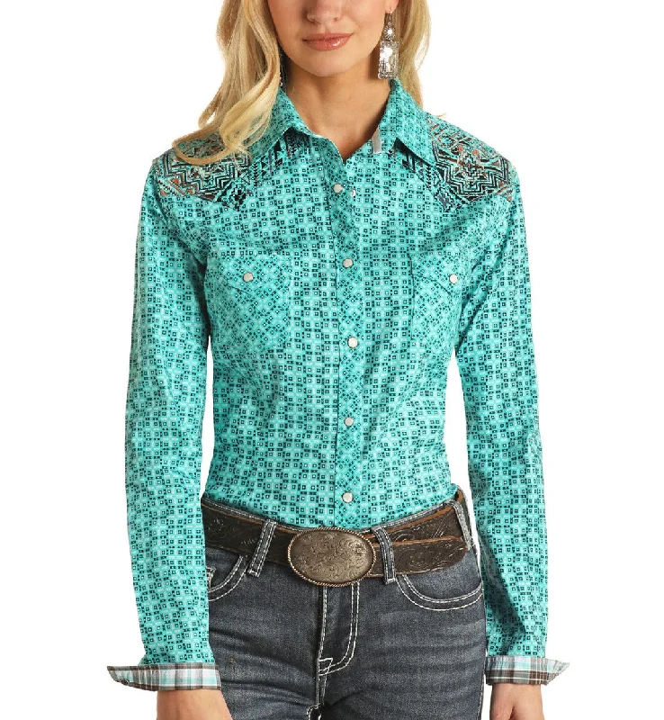 Panhandle Rough Stock Ladies Light Turquoise Printed Shirt R4S2492-- Casual Formal Business Panhandle Rough Stock Ladies Light Turquoise Printed Shirt R4S2492-- Casual Formal Business