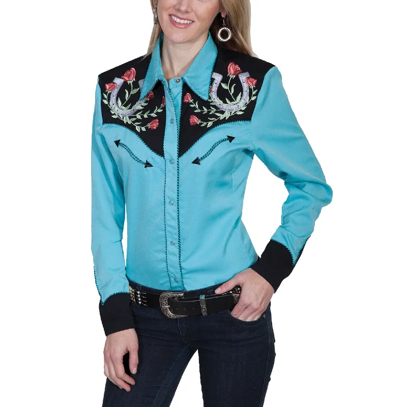 Scully Ladies Horseshoe Button Down Turquoise Shirt PL-637-TUR-- Rayon Velvet Corduroy