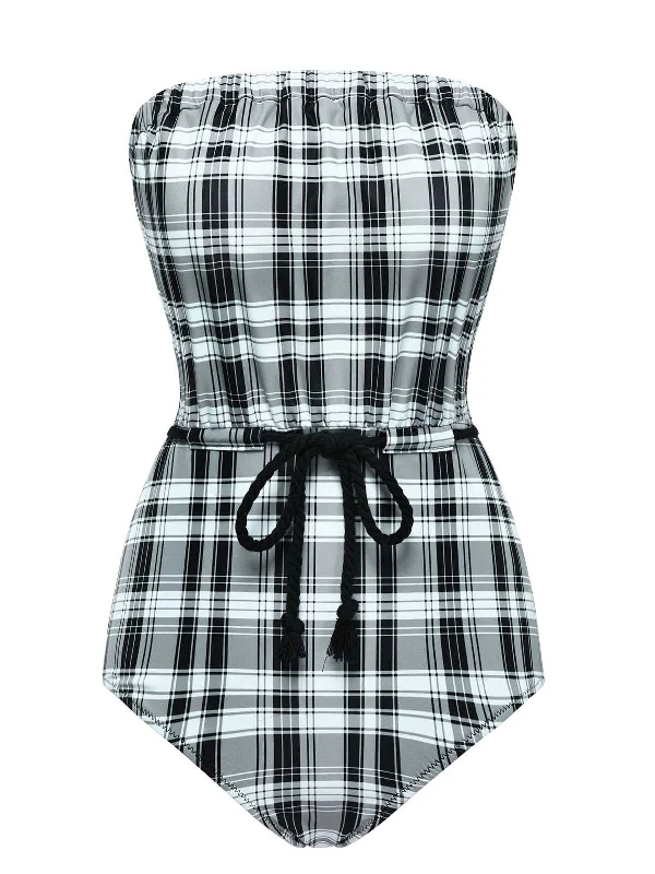 1950s Strapless Plaids One-Piece Swimsuit Sexy Swimwear Set
