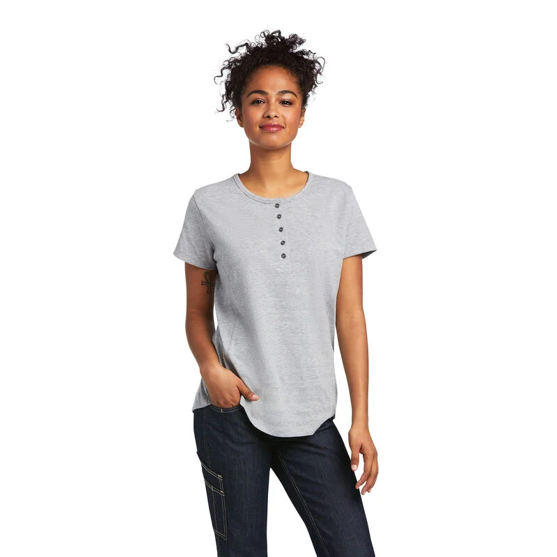 Ariat® Ladies Rebar Henley Short Sleeve Heather Grey T-Shirt 10039661-- Mesh Canvas Denim