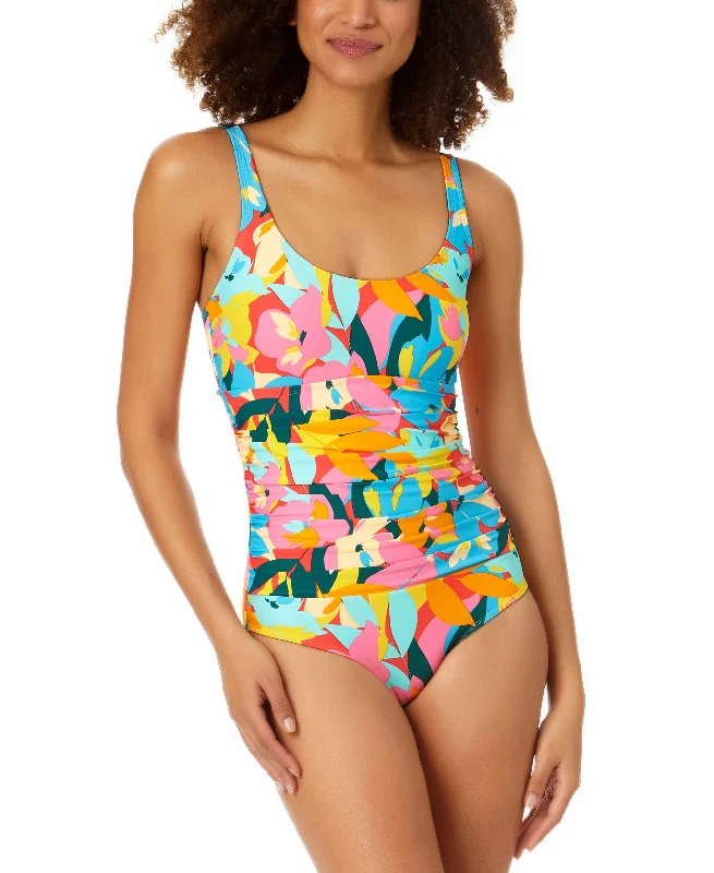 Women's Printed Plumeria Scoop-Neck Shirred One-Piece Swimsuit High-Cut One-Piece