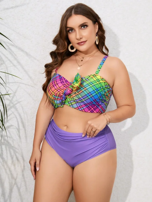 [Plus Size] 1960s Strap Colorful Plaids Bow Swimsuit Beachy Ruffle Bikini