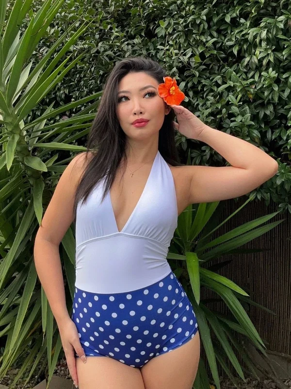 Blue & White 1950s Polka Dots Halter Swimsuit Tropical Print Bikini