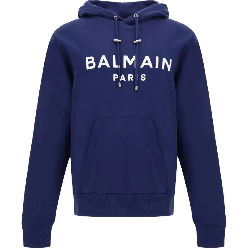 Balmain Elegant Navy Blue Monogram Hoodie Hoodie with Patch Decorative Personalized