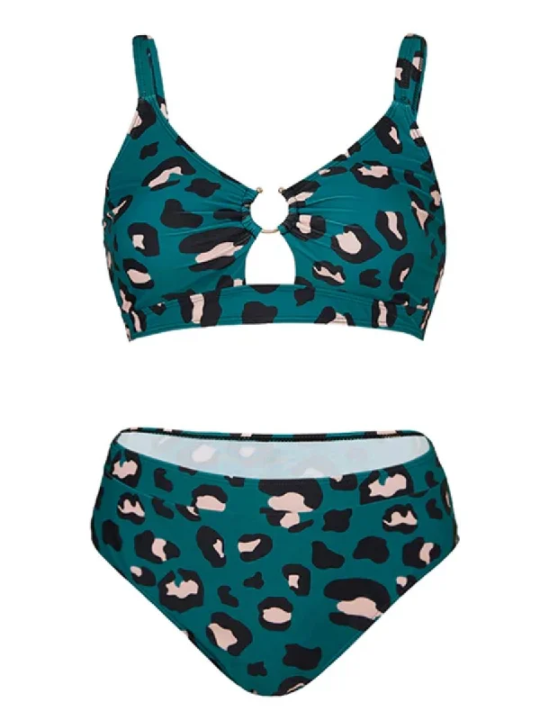 [Plus Size] Blue Green 1960s Leopard Suspender Swimsuit Button-Front Swimsuit