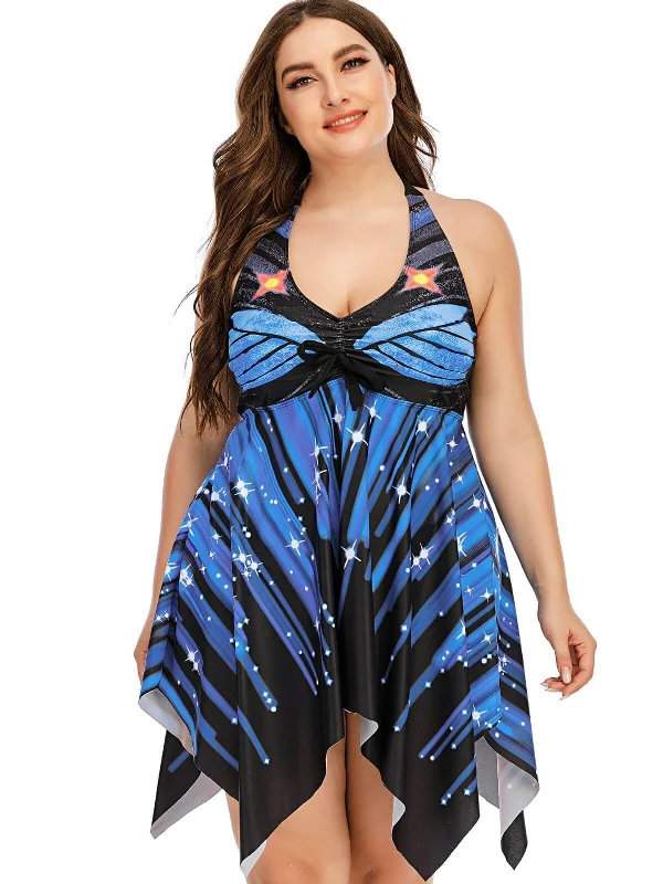 [Plus Size] Blue 1960s Halter One-Piece Skirt Swimsuit Classic Two-Piece Bikini