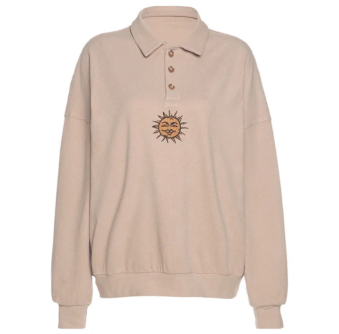 Sun Embroidery Button Up Sweatshirt Hoodie with Elastic Waist Stretchable Comfortable Sun Embroidery Button Up Sweatshirt Hoodie with Elastic Waist Stretchable Comfortable