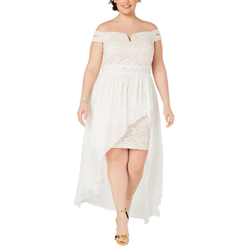 Morgan & Co. Womens Plus Off-The-Shoulder Glitter Lace Evening Dress Tunics Stylish modern