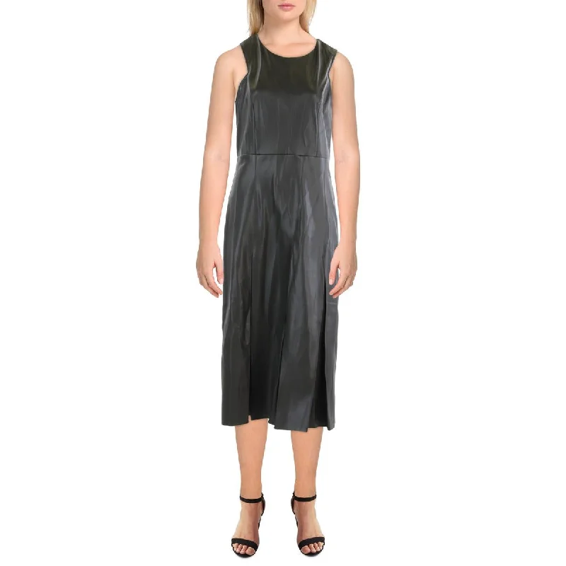 Womens Midi Faux Leather Fit & Flare Dress Tunics Timeless classic