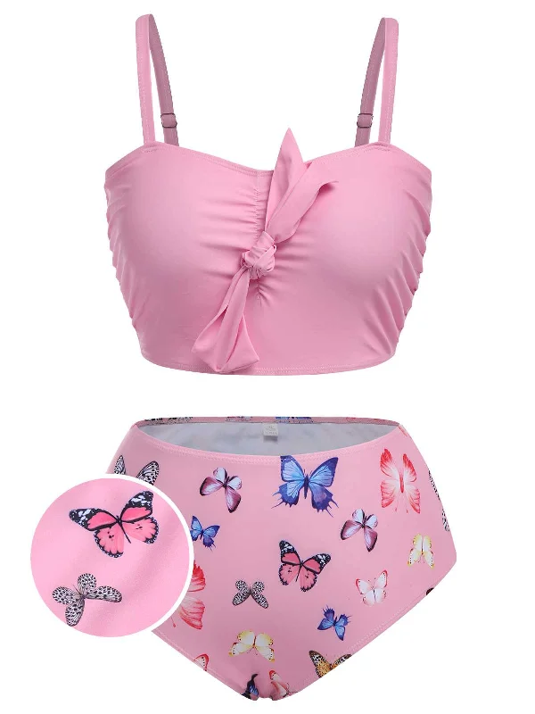 [Plus Size] 1960s Butterflies Bow Decor Swimsuit Reversible Bikini Set