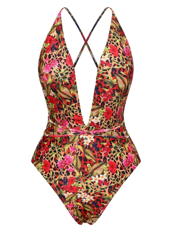 Red 1970s Leopard Flower One-Piece Swimsuit Strappy Back Bikini