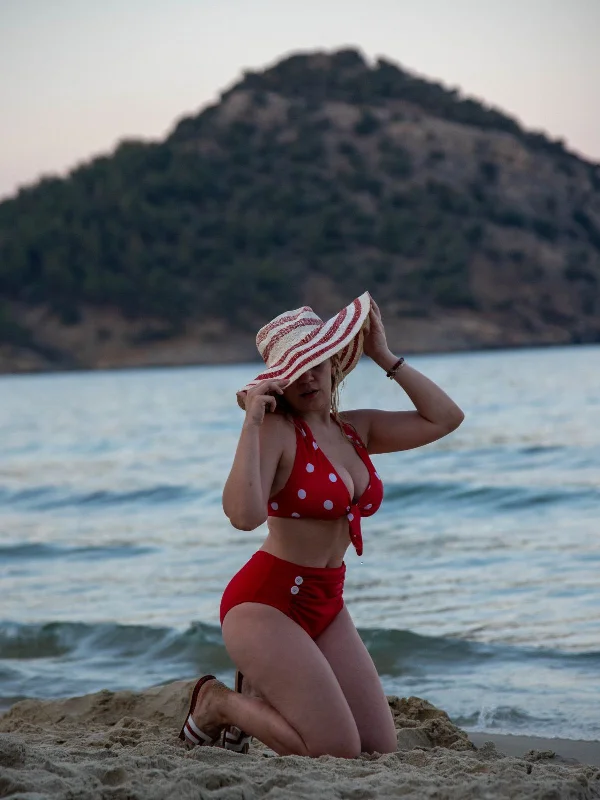Red 1950s Polka Dot Tie Halter Swimsuit Cross-Back Bikini
