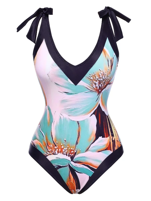 Blue 1950s Floral Patchwork Shoulder Tie Swimsuit Classic Monokini Design